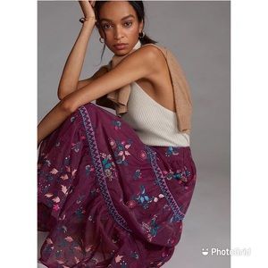 Anthropologie Embroidered Organza Midi Skirt
